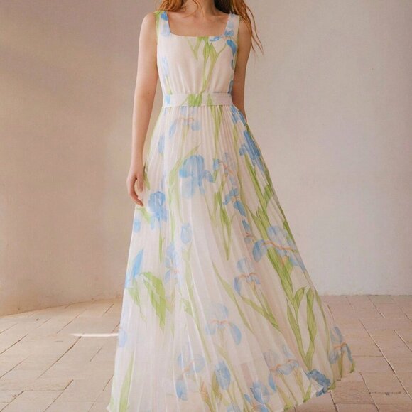 MODA ME COUTURE Dresses & Skirts - Blue Elegant Women's Pleated Sleeveless Square Neck Printed Dress